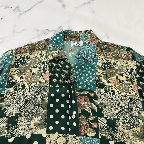 Via Max Womens Vintage 90s Silk Oversize Shirt Size S Green Tan Mixed Floral - Picture 2 of 12